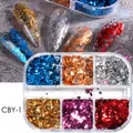 Detailansicht von 6-farbigen Metallic-Nagelflocken in einem transparenten Etui - Platin Stil (CBY)