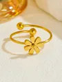 Detailed close-up of a gold-plated bypass ring featuring daisy and bead accents - Small Flower Open Ring (D011) / Gold