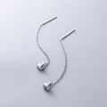 Sleek silver heart tassel drop earrings featuring polished heart pendants on delicate chains - Heart Threader (E007B) / Steel