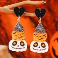 Orecchini Halloween in acrilico con zucca arancione, ragnatela e pipistrello nero - Stile Teschio Zucca Impilato / Arancione