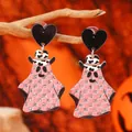 Orecchini fantasma di Halloween con motivi a scacchi rosa glitter e cappelli da cowboy - Stile Fantasma Scacchiera Cappello da Cowboy / Rosa e Argento