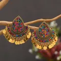 Bohemian colorful teardrop earrings with crystals and golden metal sequin tassels - Colorful Antique Gold (weh3400)