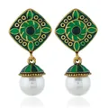 Detail of vintage gold Jhumka earrings with green enamel, beads and white faux pearls - Rhombus Green Gem Pearl Style (WEH282 Green Antique Gold) / Antique Gold Green