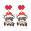 Detail of Christmas earrings featuring red heart studs and cute Highland cow charms - Highland Cow with Christmas Hat Style (WEH5670)