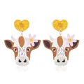 Detailed view of cute acrylic cow earrings with glittery pink hearts and floral accents - Cow with Pink Flower Style (WEH5671)