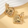 Irregular large gold alloy earrings with hammered texture and chain wrap detail - Irregular Heart Hammered Style (WEH5426) / Gold