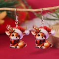 Boucles d'oreilles renne de Noël avec chapeau violet et écharpe à carreaux en acrylique - Style Renne au Chapeau Violet (WEH5651)