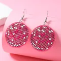 Pink glitter disco ball earrings with acrylic checkered pattern and silver hooks - Round Style / Rose Red