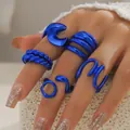 Ensemble de cinq bagues minimalistes bleu Klein incluant des motifs lune et géométriques - Bleu Klein (WR1019 Bleu Royal)