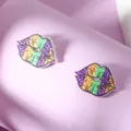 Detail of lip-shaped acrylic earrings with purple, green, and orange Mardi Gras glitter stripes - Tricolor Glitter Striped Lips Style (WEH4583)