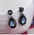 Detailed view of vintage teardrop earrings with pear-shaped opal stones on white ceramic - EH4842 Light Blue - Antique Silver
