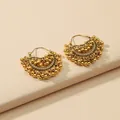 Gold-plated hoop earrings with pearl accents and bohemian bead fringe fan design - Gold Fan Shape Beaded Style (WEH1928)