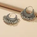 Bohemian crescent filigree drop earrings with metallic tassels on a beige background - Vintage Silver Tassel Crescent Style (WEH1926 Ancient Silver)