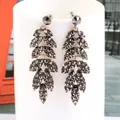 Vintage long tassel fan-shaped earrings with dark crystals in a bronze finish - Multi-layer Leaf Tassel Style / Bright Black Antique KC Gold