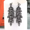 Elegant long fan-shaped black leaf earrings with dark grey crystals for wedding parties - Multi-layer Leaf Tassel Style / Bright Black Swim Black