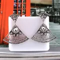 Antique silver fan-shaped tassel drop earrings with clear zircons and rhinestones - White Antique Silver