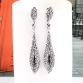 Silver-gray long drop earrings with black crystals and pavé zircon setting - Bright Black Antique Silver