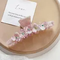 Elegante gemarmerde roze acetaat haarklem met fijne bloemige strass accenten luxe - 11cm / Diamant Paars