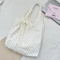 Large polka dot canvas tote bag with delicate lace bow detail - Black Polka Dot Vest Bag With Apricot Flower