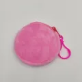 Round pink plush coin purse and earphone case with a convenient plastic hook - 8.5cm / Rose Pink