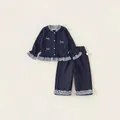 Completo due pezzi blu navy per bambina con ricamo a fiocco e volant a quadretti - 80 / Set Blu Marino (CY26173A)