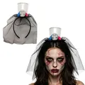 Halloween zombie bride headband with white hat, silver skull, flowers and black mesh veil - Skull