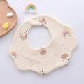 Soft beige multi-layer cotton gauze baby bib with rainbow print and snap buttons - 6-layer Petal Surround - Rain Cloud