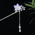 Hanfu Haarnadel mit lila Blume, silberner Metallquaste und weißen Perlen im Skincare-Stil - Lila Blume Rosa Strass Perle Quaste Stil (2514)