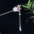 Goldene Haarnadel mit rosa Pfirsichblüte, roten Rosen und Perlen-Quasten - Rosa Pfirsich und Rote Rose Künstliche Perle Quaste Stil (2501)