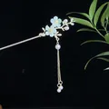 Eleganter goldener Haarschmuck mit hellblauen Blumen und feinen Perlenquasten - Doppelte Blaue Blume Künstliche Perle Quaste Stil (2503)