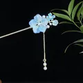 Eleganter chinesischer Haarnadel mit blauen Blütenblättern und Perlenquaste - Blaues Blütenblatt Perle Quaste (2509)
