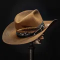 Vintage bruine wollen vilten cowboyhoed met paisley-band en veeraccent decoratie - Niet-Verweerde Stijl / camel