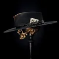 Sombrero fedora de lana negra con acabado carbonizado, banda de red y detalle de carta - Negro