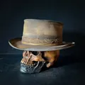Vintage brown distressed felt cowboy hat with leather strap on skull stand display - L(58-60cm) / Justice Messenger Style (2024031801)