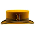 Vintage flat top wool felt hat in mustard yellow with decorative feather and brown ribbon - One Size / Yellow