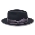 Classic black wool fedora hat with an elegant grey ribbon bow and flat brim design - Charcoal Gray