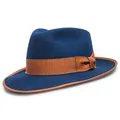 Classic dark blue wool felt fedora hat featuring a brown ribbon band and side bow detail - Navy Blue