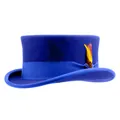 Navy blue wool top hat with ribbon band and vibrant feather decoration in side view - One Size / Sapphire Blue