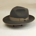 Classic charcoal wool fedora hat for men featuring a khaki grosgrain ribbon band decoration - Fedora Style / Dark Gray