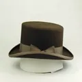Classic dark brown wool felt top hat with khaki ribbon bow on a white display stand - Army Green