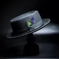 Classic dark grey wool felt pork pie hat with grosgrain ribbon and peacock feather detail - One Size / Gray