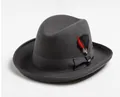 Dettaglio del cappello fedora in lana grigio scuro con nastro e piuma decorativa - Grigio Antracite