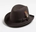 Close-up of brown wool fedora hat featuring a silk ribbon and natural feather detail - Coffee