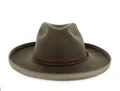 Close-up of olive green wool fedora hat with brown leather band and bound edge detail - Army Green