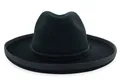 Close-up of black wool felt fedora featuring a wide brim and decorative ribbon band - Black