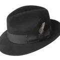 Classic black wool fedora hat with ribbon band and black and white feather accent - Black
