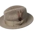Classic wool felt fedora hat in khaki with ribbon band and decorative feather detail - Marled Camel