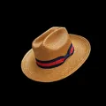 Cappello fedora in paglia naturale con nastro a righe rosso e blu decorativo - Cammello