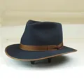 Klassischer Wollfilz-Fedora in Marineblau mit dunkelbraunem Ripsband für Damen und Herren - L / Dunkelblau