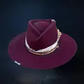 Classic burgundy wool fedora hat with bohemian fabric trim and metal chain detail - Adjustable / Burgundy